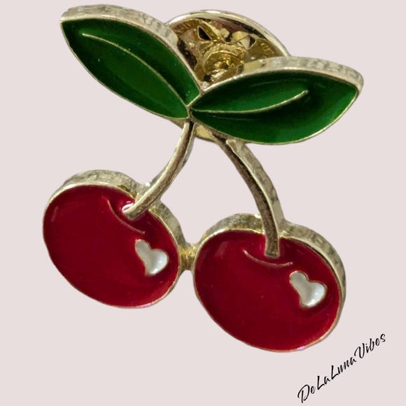 3/$12 NEW Sweetheart Cherry Enamel Pin. Red with Hearts. - Picture 3 of 4